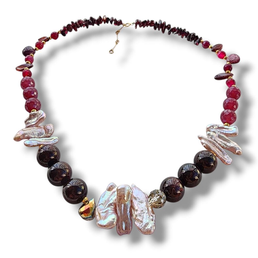 Handmade Artisan Necklace Genuine‎ Garnet Pearl Ruby 14K Gold Fill January Stone